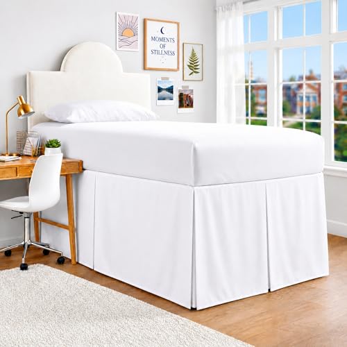 Twin XL Bed Skirt 42 Inch Drop Length Pleated Microfiber Dorm Room Bedding - White, Split Corner - Variation 01