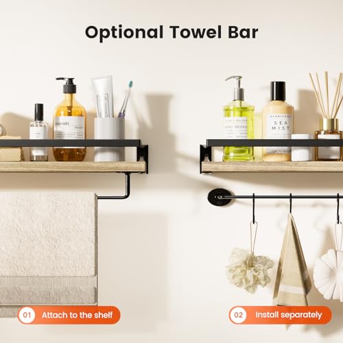 Floating Bathroom Shelves with Detachable Towel Bar, Set of 2