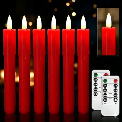Red Flameless Flickering LED Taper Candles with Remote & Timer - Tall 6.7in