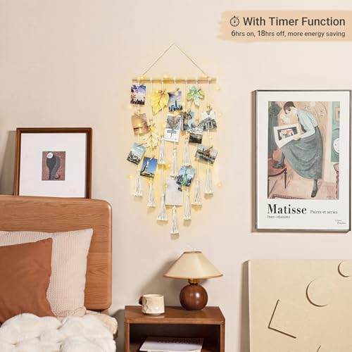 Macrame Hanging Photo Display with String Lights and 30 Wood Clips