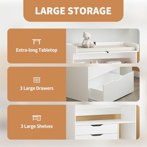 White Pipleo Baby Changing Table Dresser with 3 Drawers & Shelves