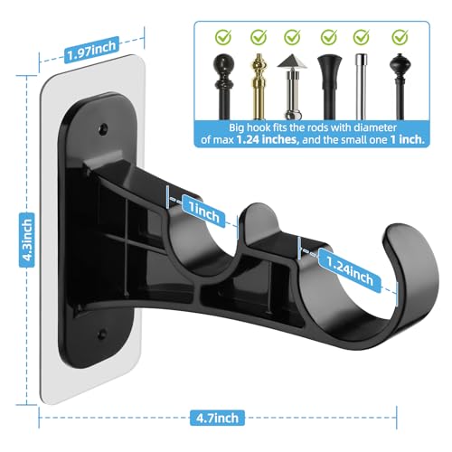 6 Pack Double Curtain Rod Brackets, Adhesive No Drill Curtain Hooks, Black