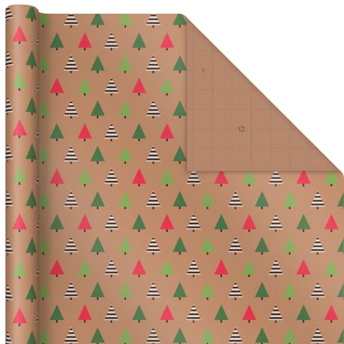 Hallmark Christmas Kraft Wrapping Paper Rolls - 3 Pack Holiday Gift Wrap with Santas, Trees & Stripes
