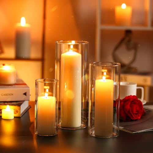 Clear Glass Hurricane Candle Holders - Set of 3 for Pillar Candles