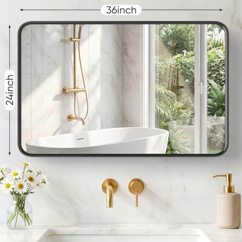 36x24 Inch Rounded Rectangle Bathroom Vanity Mirror, Metal Framed Wall Mirror