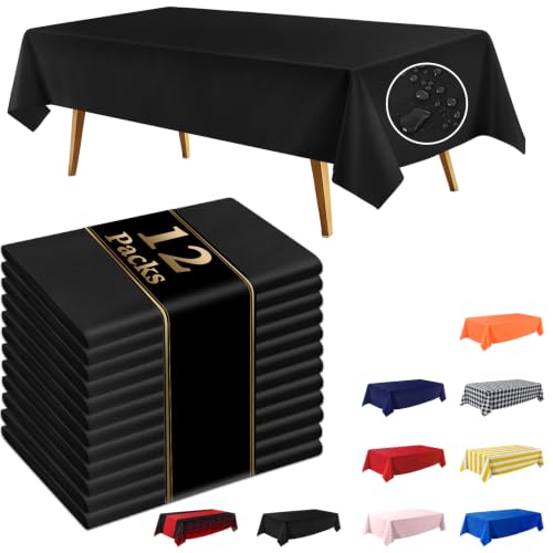 12 Pack Black 54 x 108in Disposable Tablecloths - Waterproof, Leakproof & Sturdy Plastic Rectangle Table Covers