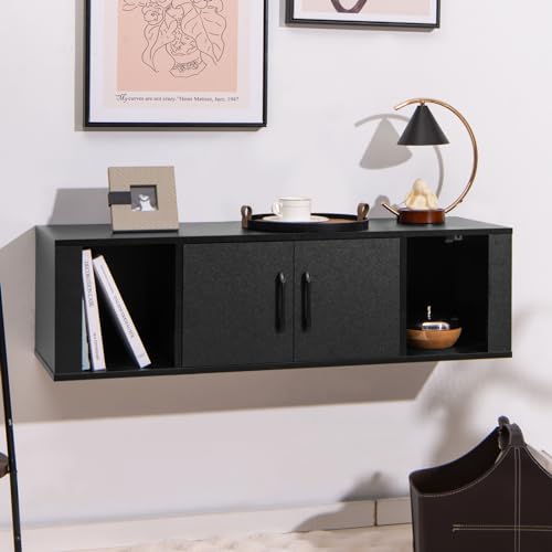 Wall Mounted Storage Cabinet, 4-Compartment Floating Media Console in Black