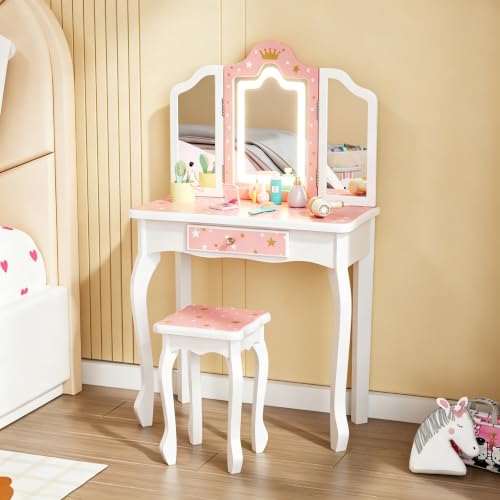 Kids Vanity Set with Mirror and Chair - Pink Makeup Dressing Table