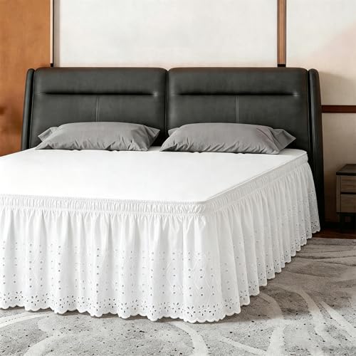 Queen Wrap-Around Elastic Bed Skirt - 18" Drop White Eyelet Dust Ruffle