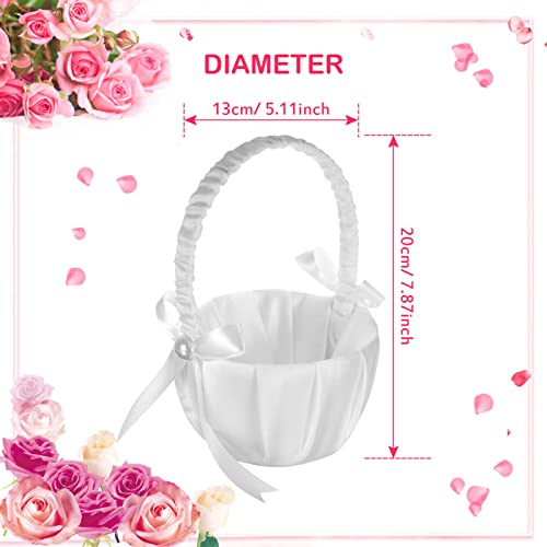 4-Piece White Satin Flower Girl Baskets with Pearl Bows for Weddings
