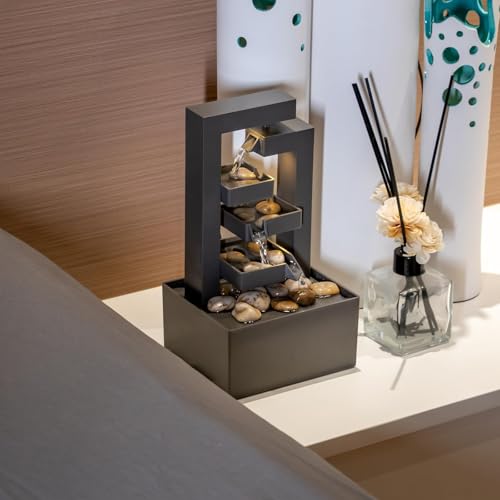 3-Tier Desktop Waterfall Fountain with LED Lights and Natural River Stones