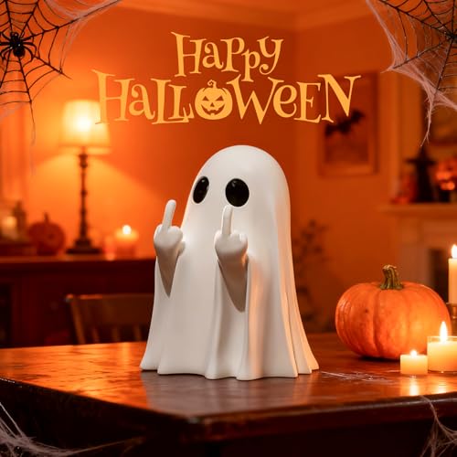 Ceramic Halloween Ghost Figurine with Bat Balloon Cute Spooky Home Decor