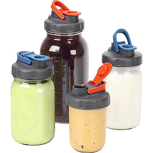 4-Pack Wide Mouth Mason Jar Flip-Top Lids, Leak-Proof Pour Spout Caps