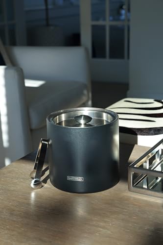Bartesian Insulated Ice Bucket with Lid & Tongs - Matte Black Stainless Steel, Keeps Ice Cold 36 Hours, 100 oz Capacity
