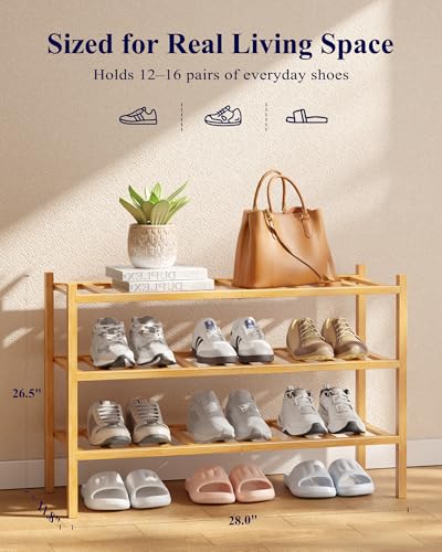 3-Tier Bamboo Shoe Rack, Stackable Modular Shoe Organizer Shelf