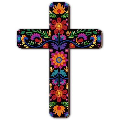 Floral Wooden Wall Cross, Hand Painted Mexican Style Decorative Crucifix