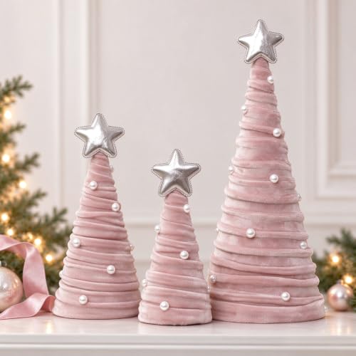 Pink Velvet Cone Christmas Tree Set with Pearls, 3-Piece Tabletop Decor
