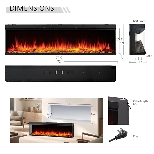 71-Inch Smart Built-In Electric Fireplace Insert with Multi-Color Flames