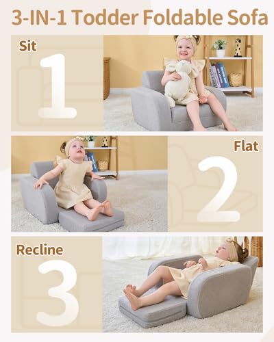 3-in-1 Foldable Toddler Couch and Sleeper Bed - Gray Sherpa Fleece