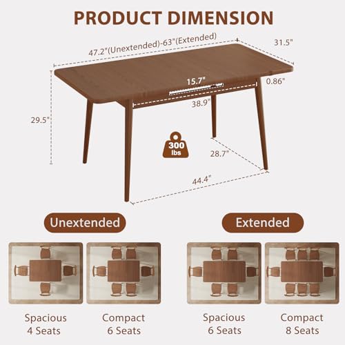 Solid Wood Extendable Dining Table, 47.2 to 63 Inch Expandable Kitchen Table