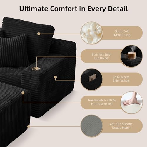 66" Oversized Corduroy Chaise Lounge Chair with Ottoman, Deep Seat
