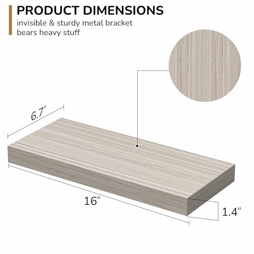 Set of 2 Rustic Grey Floating Shelves - 16-Inch Wall Mounted Wood Shelves