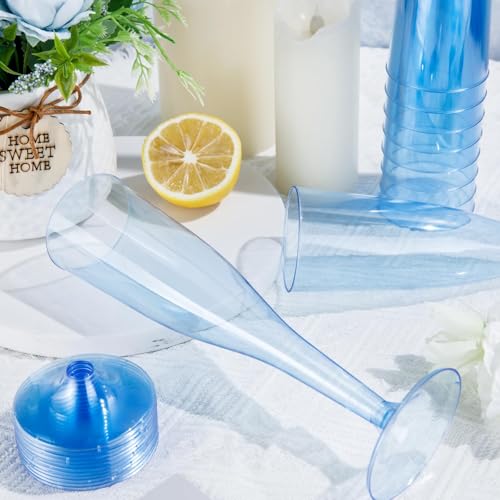 WDF 36 Pack Clear Blue Plastic Champagne Flutes 7oz Disposable Party Glasses