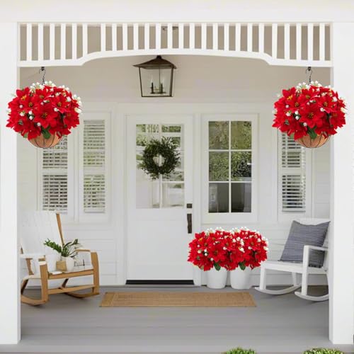 ZYZEV 14'' Artificial Poinsettias and Eucalyptus 12 Bunches Red - UV-Resistant Outdoor