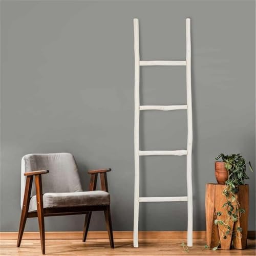 4-Tier White Wash Wood Ladder Blanket Rack, Distressed Decorative Organizer