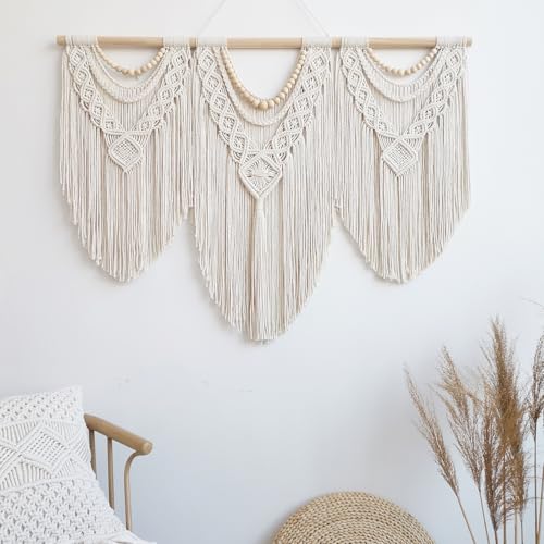 Large Macrame Wall Hanging Woven Boho Tapestry Decor with Wood Beads - 43" x 32"