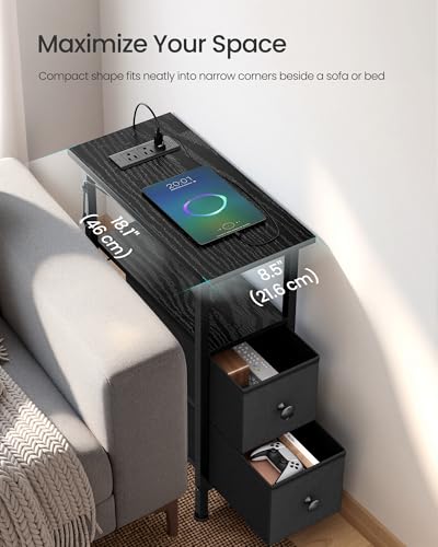 Narrow Side Table with LED Light & Charging Station, 2-Drawer Nightstand