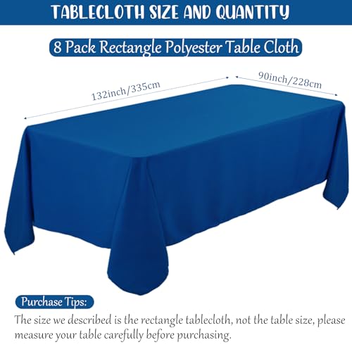 Fivenl 8-Pack Royal Blue Tablecloths 90x132 Inch Rectangular – 8ft/6ft Tables, Polyester, Washable, Wedding Banquet
