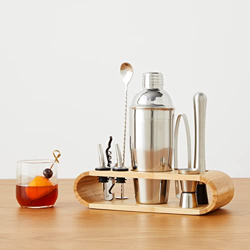 Amazon Basics 10-Piece Stainless Steel Cocktail Shaker Bar Tool Set with Bamboo Stand