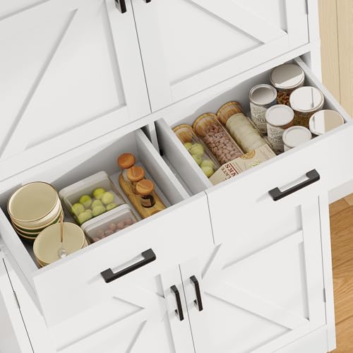 Tall Farmhouse Pantry Cabinet with Barn Doors, Adjustable Shelves & Drawer