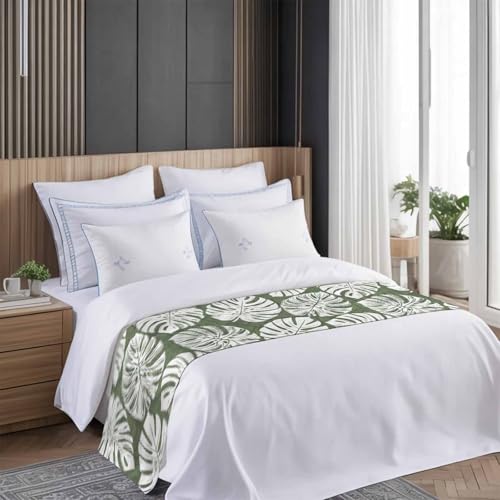 Tropical Palm Leaf Bed Runner - Satin Decorative Scarf for Twin Beds, 71x20"