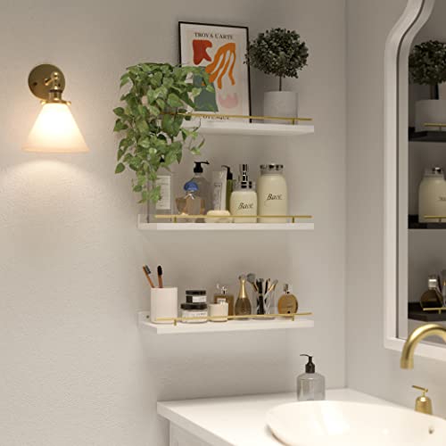 Set of 3 Floating Shelves with Gold Metal Guardrail, White Wood Wall Shelves