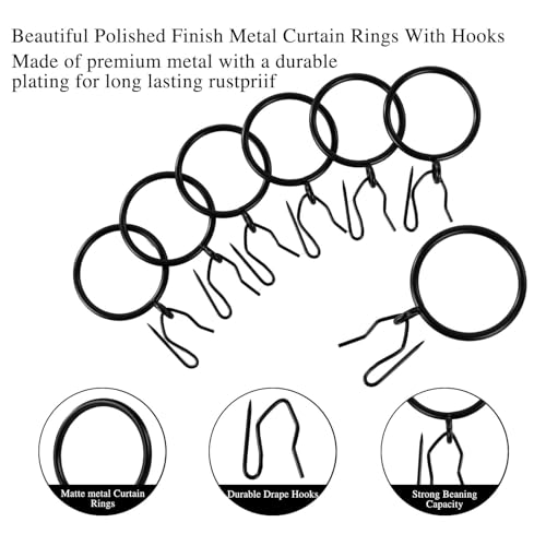 24-Piece Metal Curtain Rings with Hooks, 1.25-Inch Inner Diameter, Black
