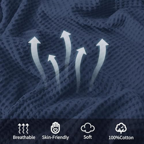 Waffle Weave Cotton Pillow Shams Set of 2, Standard 20x26, Navy Blue
