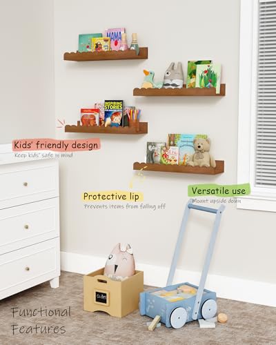 Scalloped Wooden Floating Wall Shelves for Nursery - Set of 4, Walnut