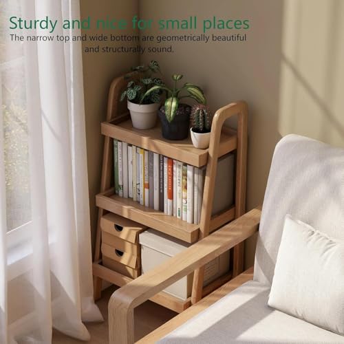 3-Tier Solid Oak Ladder Shelf, Small Wooden Bookshelf for Living Room