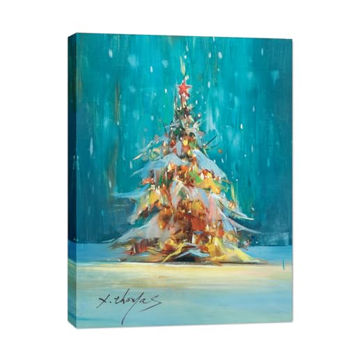JZLDZS Christmas Tree Canvas Wall Art 24x32 Inches Framed Blue & Yellow Holiday Decor