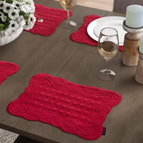 Loom and Mill Christmas Quilted Table Placemats Set of 6, 12x18 Inch, Rectangular Red