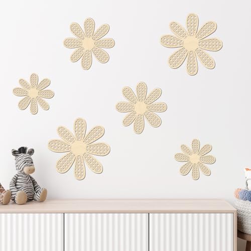 6-Piece Boho Wooden Daisy Flower Wall Decor Set, Rustic Floral Art