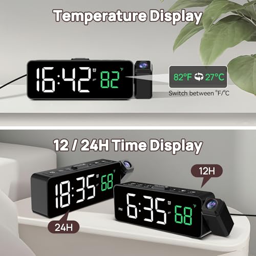 Digital Projection Alarm Clock with Ceiling Display and Temperature Monitor