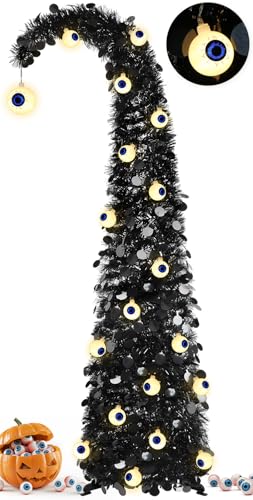 5FT Black Pop-Up Halloween Tree with Eyeball String Lights & Timer