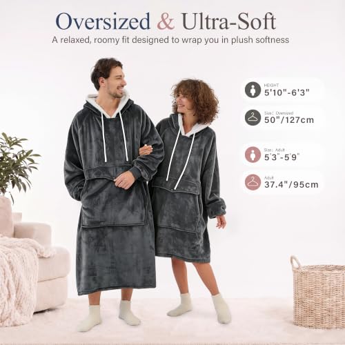 Qeils Dark Grey Wearable Blanket Hoodie for Women - Sherpa Fleece Cozy Pullover