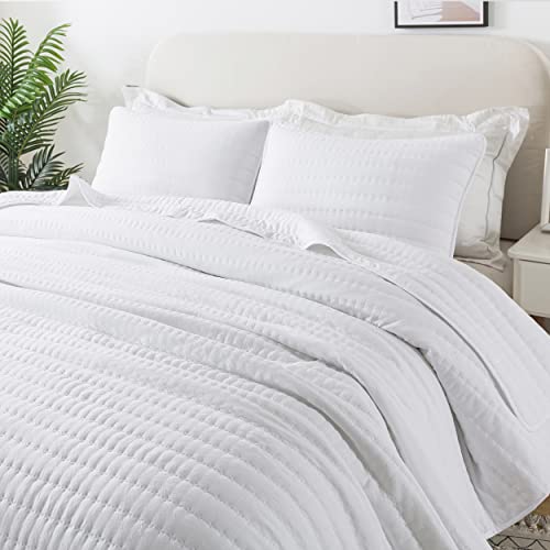ROARINGWILD Queen White Quilted Quilt Set - 3 Piece All-Season Bedspread