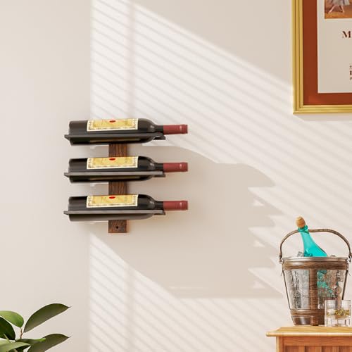 Wall Mounted Wine Rack - 3 Bottle Wood and Metal Display Shelf for Small Spaces