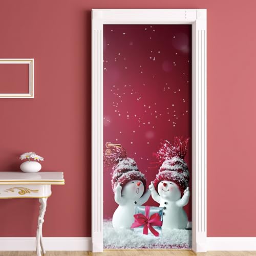 Mt5968 32x80 Christmas Door Sticker Snowman Scene Red Ornaments Waterproof Peel & Stick