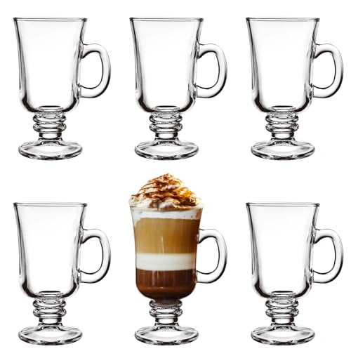 Set of 6 8oz Irish Coffee Glass Mugs - Lead-Free, Dishwasher Safe Coffee Cups